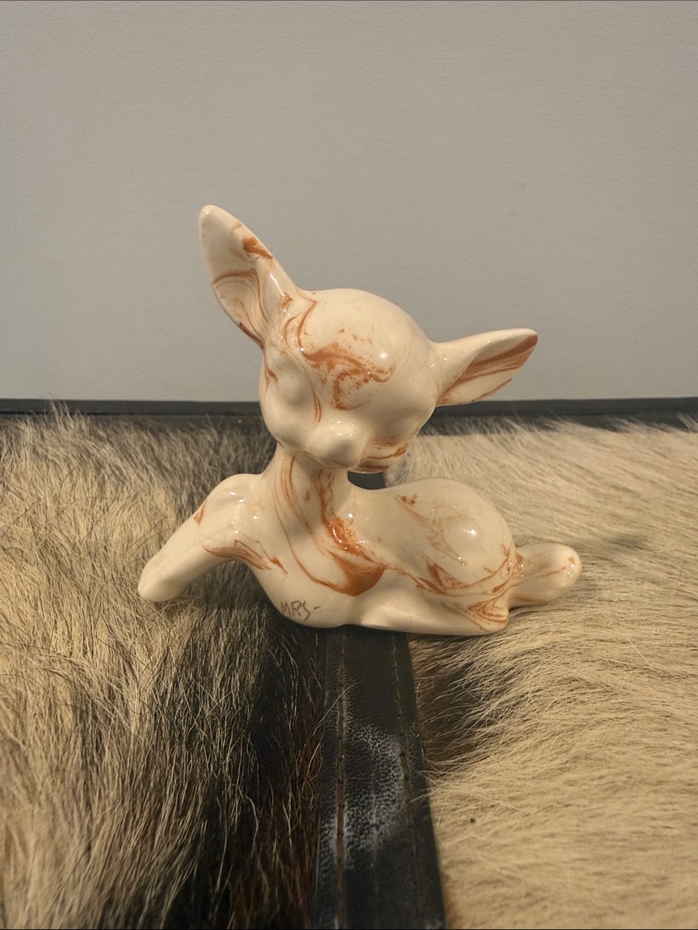 Cream Ceramic Fawn Figurine with Brown Marble Accents